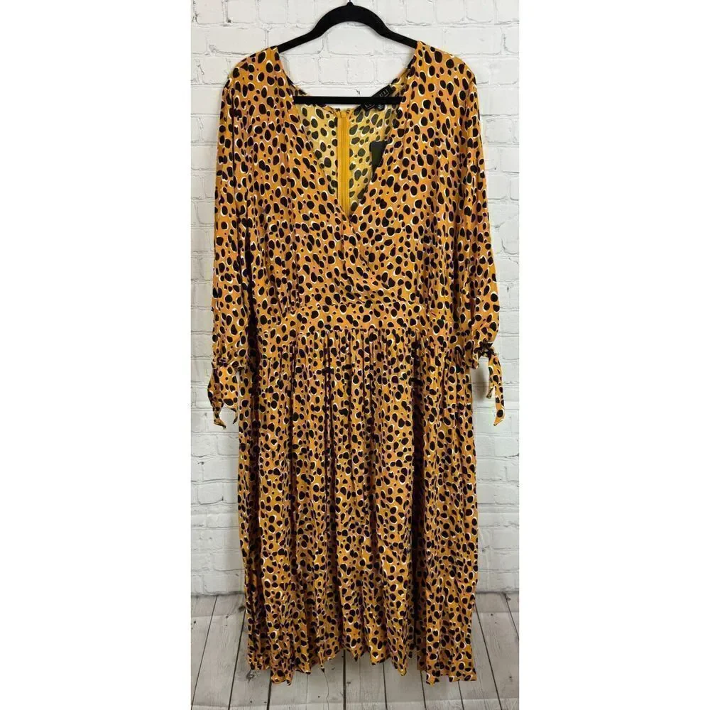ELOQUII yellow mustard black polka dot faux wrap viscose dress size 24 NWT